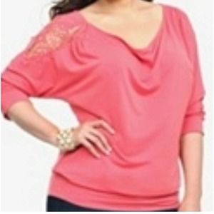 Torrid Coral Dolman Sleeve Top with Crochet Lace Shoulder Women Size 4